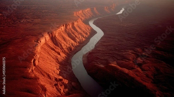 Obraz Winding desert river carves through red sandstone canyon under golden sunset light, showcasing textured rock formations and deep shadows