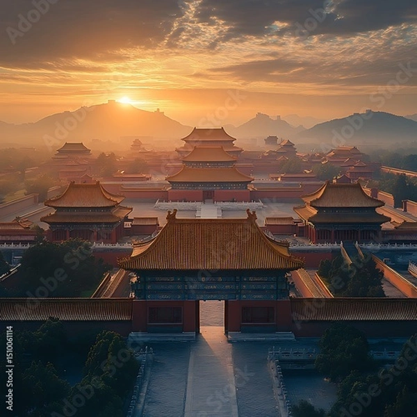 Fototapeta Traditional Chinese palace complex at dawn high resolution picture