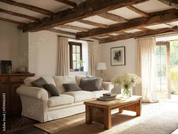 Fototapeta Rustic living room with a neutral color palette.