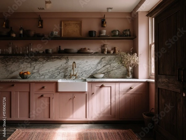Fototapeta A blush pink kitchen with open shelving and a marble countertop.