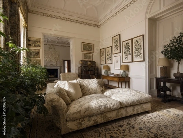 Fototapeta A comfortable, patterned chaise lounge in a sunlit room.