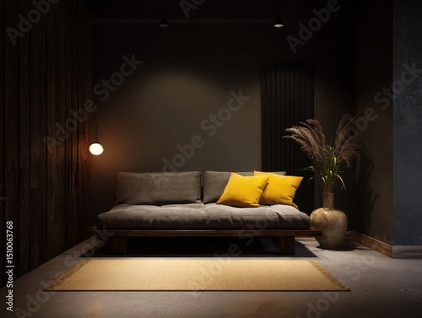 Fototapeta A dark, cozy living space with a muted color palette.