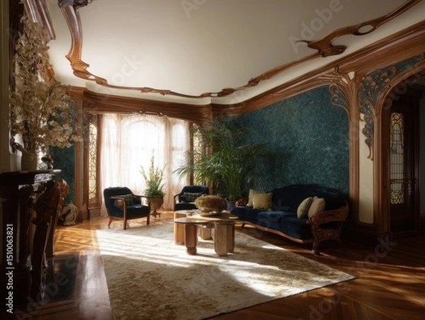Fototapeta Luxurious living room with intricate details and rich color scheme.