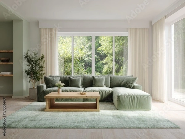 Fototapeta Modern living room with a tranquil green color palette.