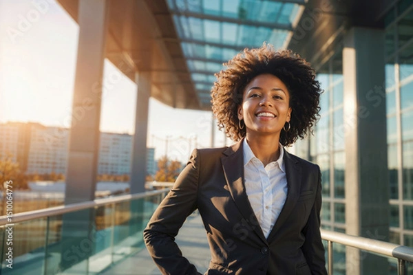 Obraz Successful happy African American young businesswoman manager standing in front of a building with a glass facade in the rays of the sun