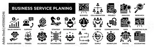 Obraz Business Service planing icon collection set. Business Plan, Team Collaboration, Project Management, Financial Analysis, Market Research