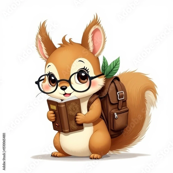 Obraz Cute cartoon squirrel reading a book while carrying a backpack in a bright, cheerful setting