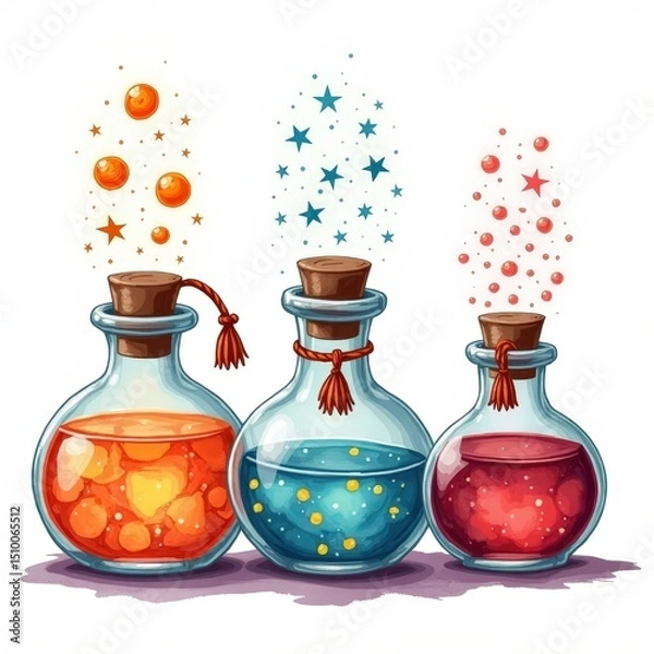Obraz Colorful magical potions in glass bottles with sparkles and bubbles for fantasy themes and creative compositions