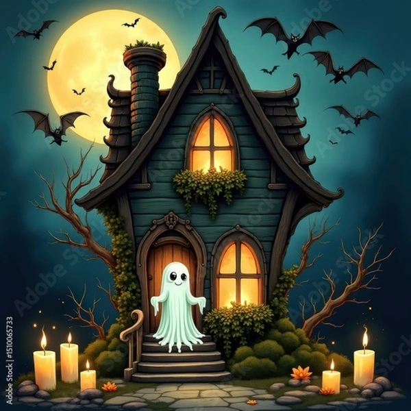 Obraz Haunted house at night with a friendly ghost, bats, and glowing candles creating a spooky atmosphere