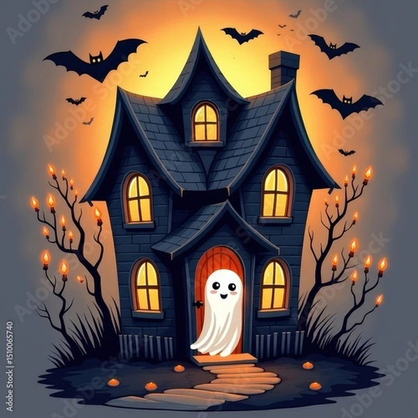 Obraz Haunted house with ghost and bats in a spooky night setting for Halloween celebration