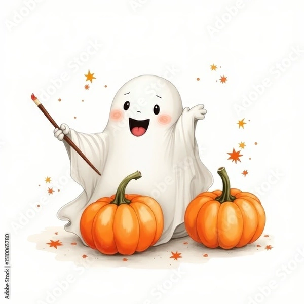 Obraz Cute ghost with pumpkins and stars celebrating Halloween in a cheerful autumn setting