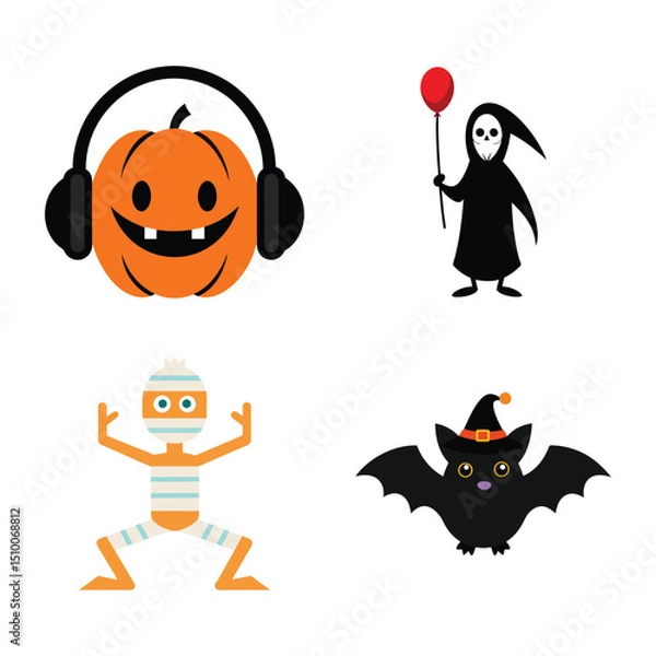 Obraz Cute Halloween Set, Pumpkin with Headphones, Grim Reaper, Dancing Mummy And Witch Bat Vector Illustration.