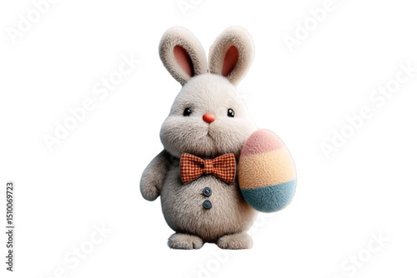 Fototapeta Gray stuffed rabbit wearing orange checkered bow tie holding colorful striped egg, isolated on a transparent background