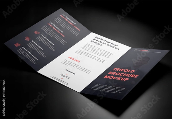 Fototapeta Tri-Fold Brochure Mockup with Shadows on Black Background