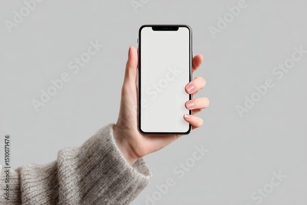Fototapeta Hand Holding Smartphone with Blank Screen on Gray Background
