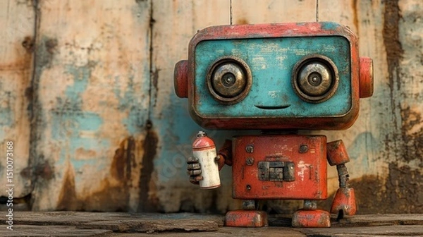 Fototapeta Colorful Retro Robot with Can in Front of Vintage Wooden Background