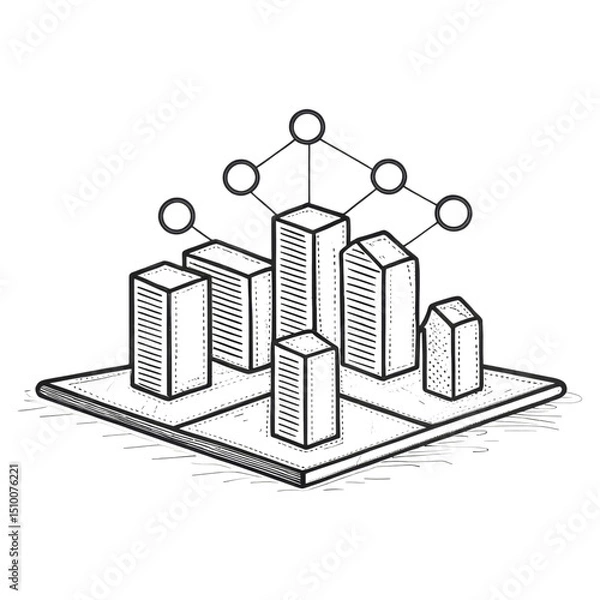 Obraz A sketch of geometric buildings rising from a flat surface with connected circular nodes above the structures.
