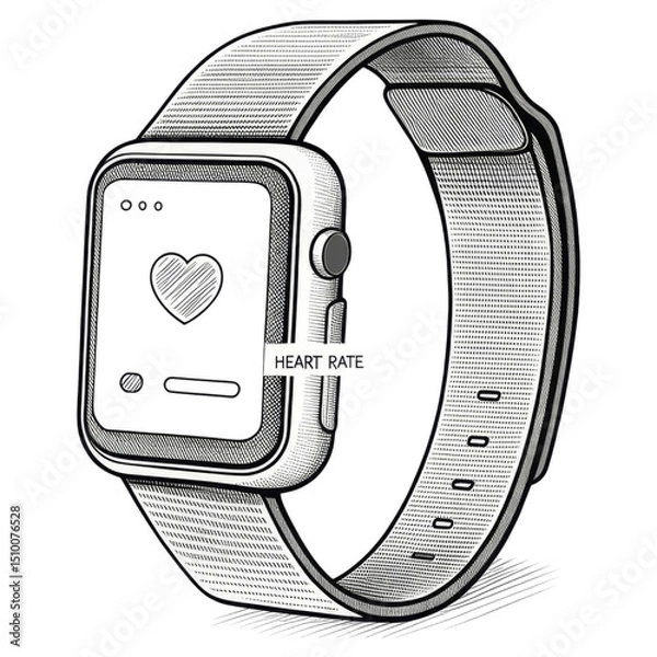 Fototapeta A digital smartwatch displaying a heart icon and heart rate, featuring a sleek rectangular design and adjustable strap.