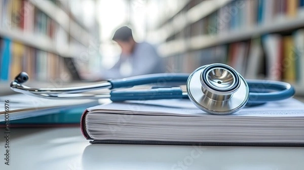 Fototapeta A medical student studies diligently in the library as a stethoscope rests on textbooks under soft