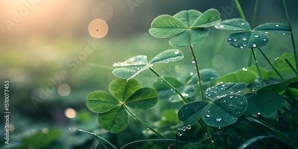 Fototapeta Four Leaf Clover with Dew Drops in a Lush Green Meadow at Sunrise Symbolizing Luck and Good Fortune