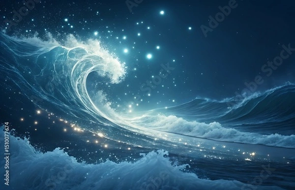 Fototapeta Magical Ocean Waves Under a Starry Night Sky with Sparkling Lights and White Foam a Fantasy Dreamscape of the Sea