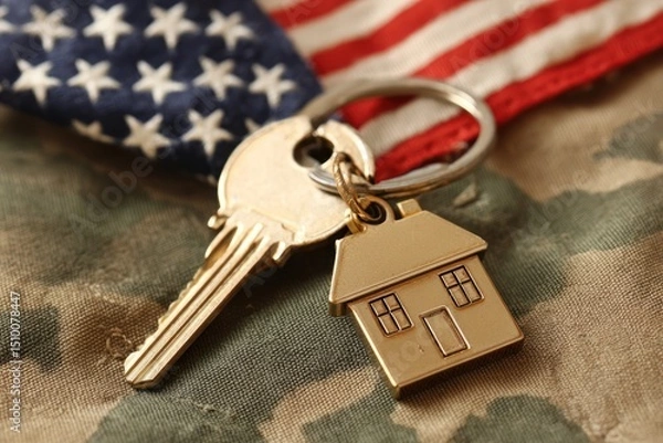 Fototapeta House Key and Keychain Against American Flag Background