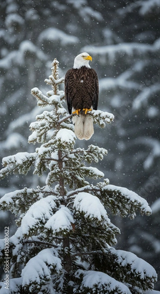 Obraz Bald Eagle on Snow Covered Pine Tree in Winter