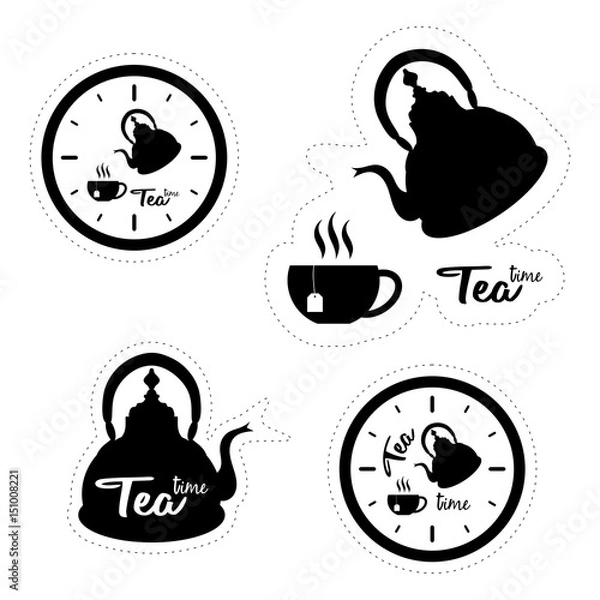 Fototapeta Set of four labels with silhouettes of clocks, tea pots and cups
