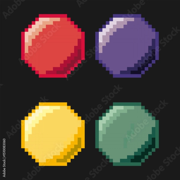 Fototapeta Pixel vector illustration with round icons on black background. Multicoloredballs in video game art style