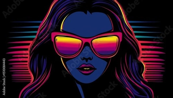 Obraz A woman is proudly displaying her flowing black hair while wearing rainbow striped sunglasses in a soft beige setting that is enhanced by a red shirt