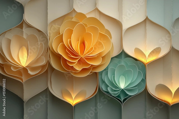 Fototapeta Intricate geometric wallpaper design featuring layered flowers in soft misted tones