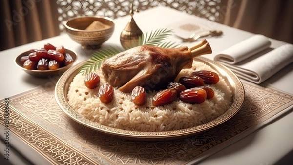Fototapeta Delectable Roasted Leg of Lamb with Dates and Rice A Festive Middle Eastern Feast