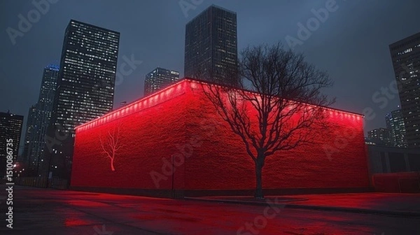 Fototapeta Urban Night Scene with Red Illumination and Cityscape Background