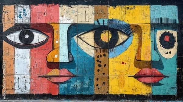 Fototapeta Vibrant Abstract Mural with Diverse Faces and Bold Colors