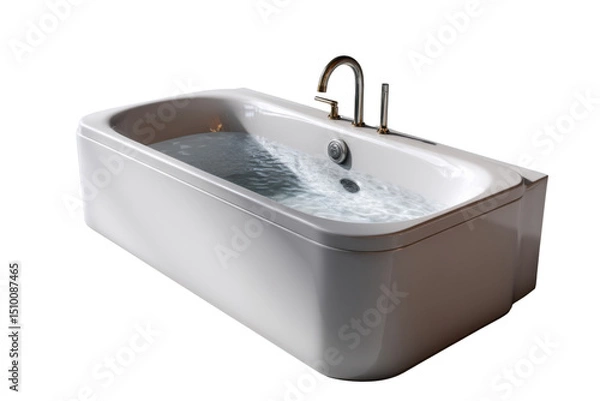 Fototapeta Modern Bathtub with Bubbles: A sleek, modern bathtub filled with bubbly water, showcasing its clean lines and elegant design. The chrome faucet adds a touch of luxury.