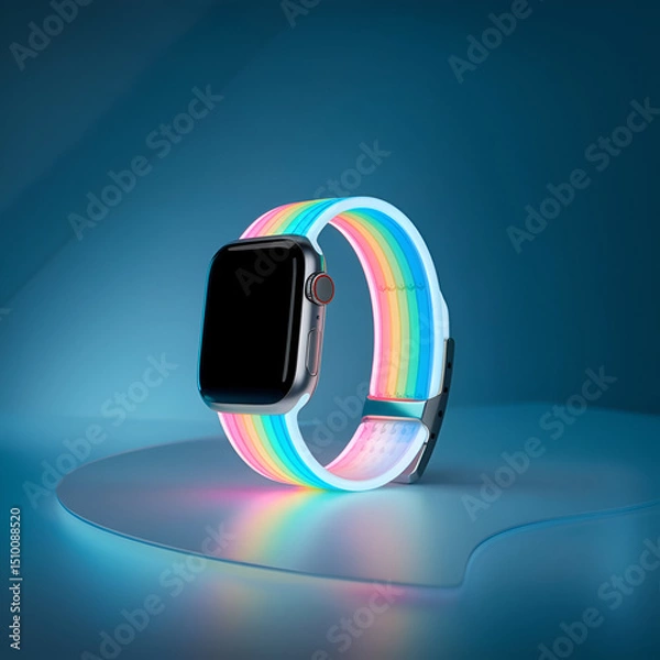 Obraz The futuristic smart watch features a neon LED band, a full spectrum gradient of colors, a sleek, high-tech aesthetic, and a modern, minimal design.