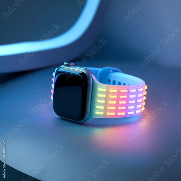 Obraz The futuristic smart watch features a neon LED band, a full spectrum gradient of colors, a sleek, high-tech aesthetic, and a modern, minimal design.