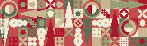 Obraz Geometric seamless pattern with winter blue patterns, Christmas trees in Scandinavian style. New Year's fashionable color pattern for textiles and wallpaper, gift design trend.