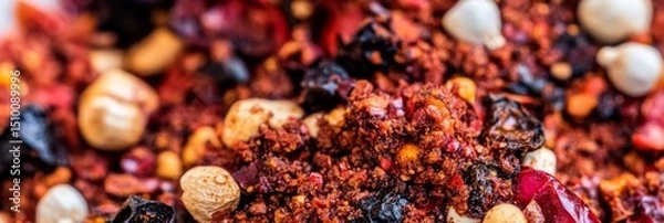 Fototapeta Cracked chili pepper mixture with various seeds showcased in a colorful array perfect for culinary use and spice enhancement