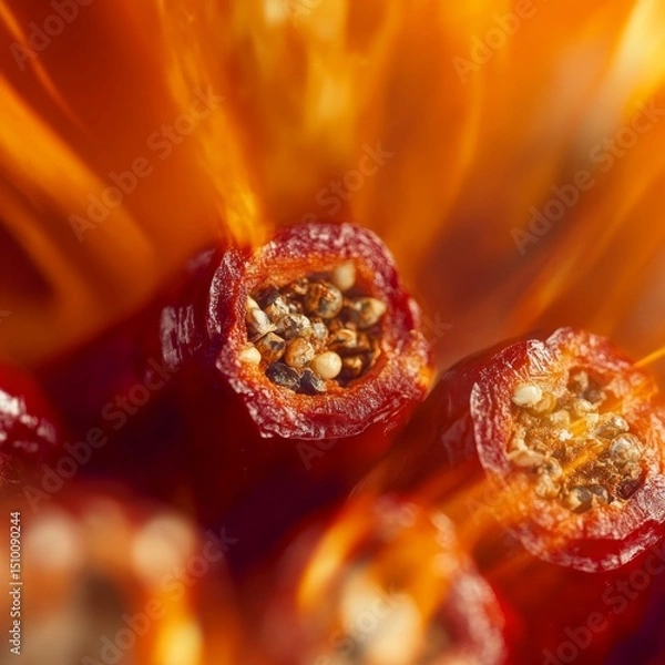 Fototapeta A cracked, dried chili pepper, showcasing its inner seeds and intricate texture, stands out against a warm, glowing background, creating a captivating visual contrast