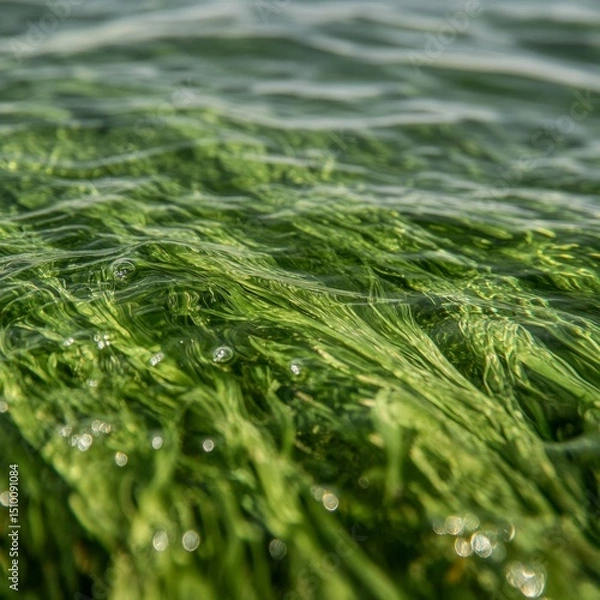 Fototapeta Swamp surface displays vibrant green aquatic vegetation with tiny bubbles reflecting sunlight at midday