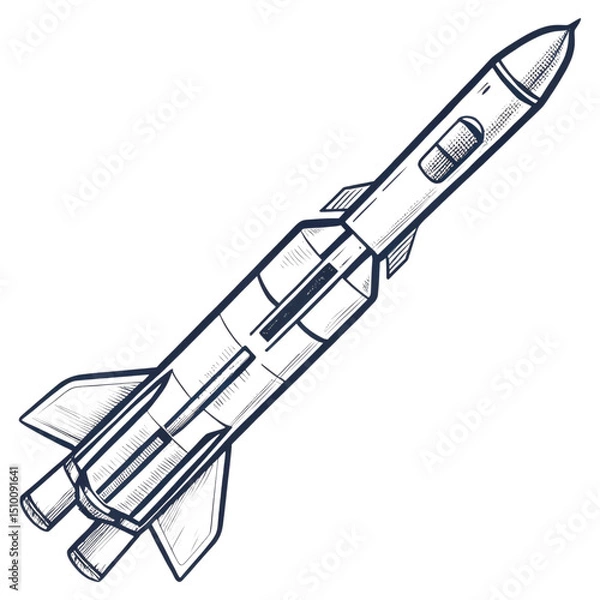 Fototapeta A detailed line drawing of a rocket with prominent fins and cylindrical body.