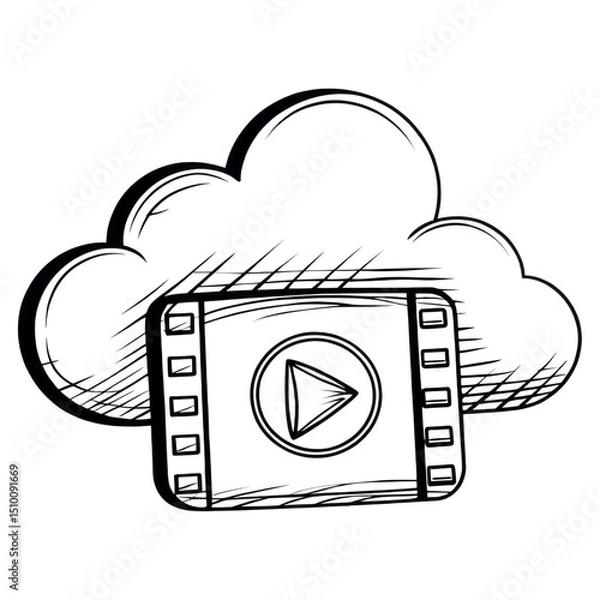 Fototapeta Sketch of a film strip with a play button overlapping a cloud shape.