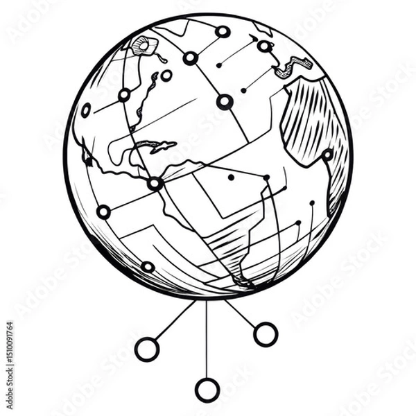 Fototapeta A digital globe with interconnected nodes and circuit-like patterns.