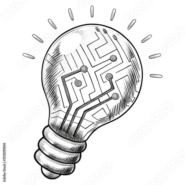 Fototapeta Illustration of a lightbulb with a circuit board pattern symbolizing innovation and technology.