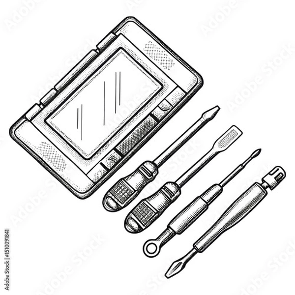 Fototapeta A set of precision screwdrivers arranged beside a compact electronic device with a screen.