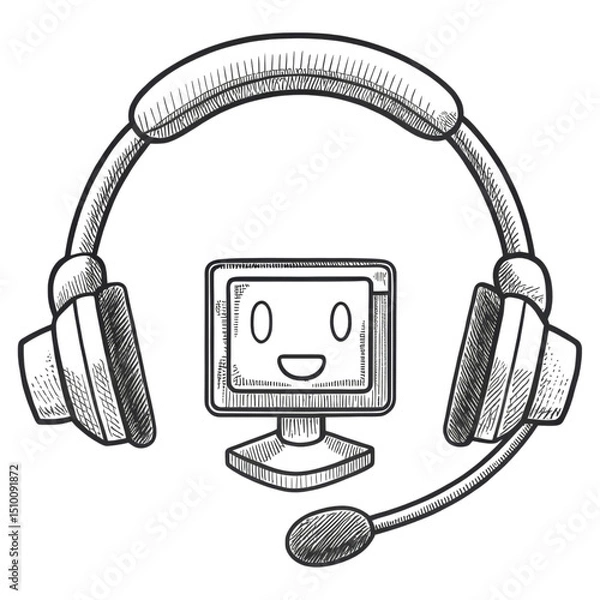 Fototapeta A smiling computer monitor wearing a headset with a microphone.