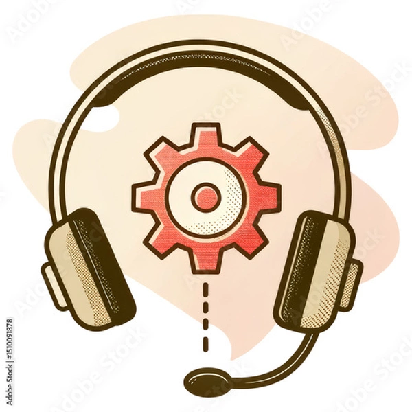 Fototapeta Headset with a microphone encircling a red gear symbol.