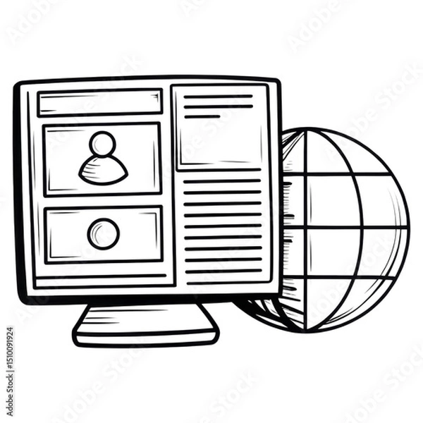 Fototapeta A computer monitor displays a web page layout with a globe symbol beside it, representing internet connectivity.