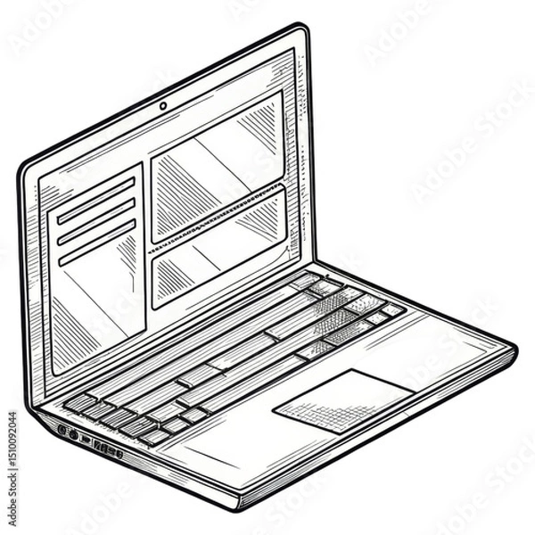 Obraz A sketch of an open laptop displaying content on its screen and keyboard.